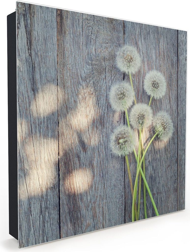 Nachbildung-Schlüsselkasten, Magnetpinnwand und Memoboard mit Glasfront Motiv Löwenzahnblüten auf Tisch