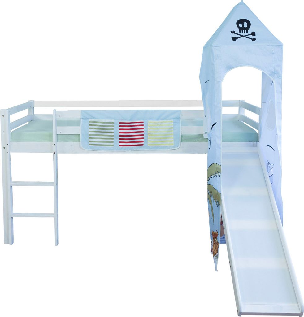 Homestyle4u Hochbett 90x200 Kinder mit Rutsche Turm Spielbett Holz Rausfallschutz Pirat Junge