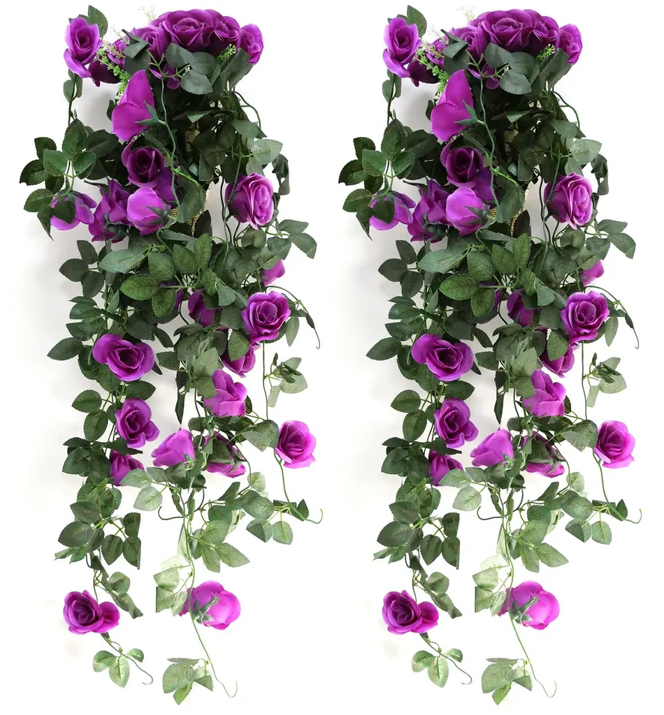 Plante suspendue artificielle violette 90cm, Roses en soie soyeuses
