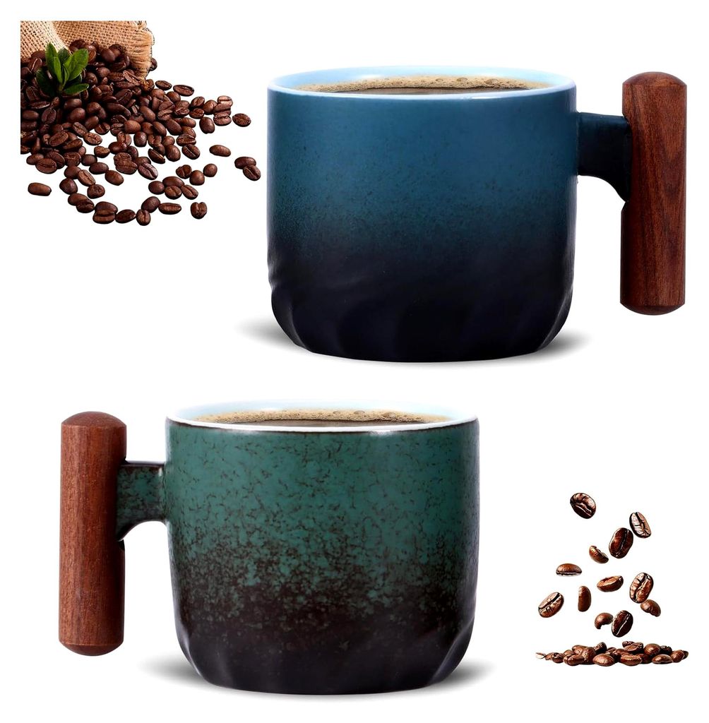 Espresso Tassen, 2er Set mit Henkel aus Keramik in Blau und Grün