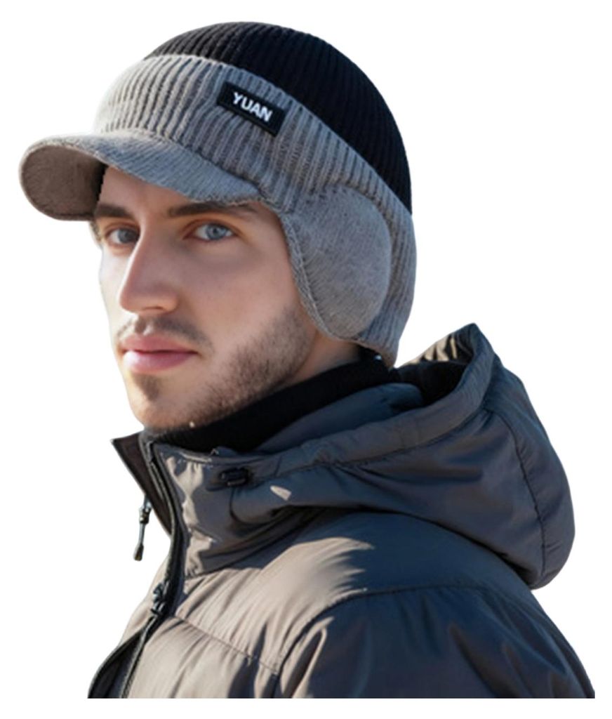 1/2 Herrenmütze, elegant, farblich abgesetzt, Strickmütze mit Ohrenklappen, elastischem Stretch-Anteil, warm und dick, ideal für kaltes Wetter, ...