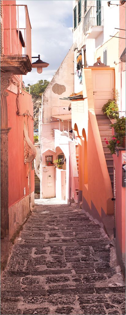 Wallario Poster - Südländische Gasse- Italien bei Sonnenschein, Kunstdruck Größe: 50 x 125 cm