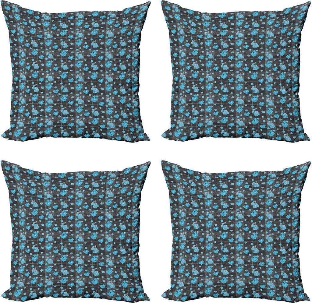 ABAKUHAUS Blume Kissenbezug Set (4 Stück), Blaue Blüten auf Gitter, Moderner Doppelseitiger Digitaldruck, 40 cm x 40 cm, Charcoal Grau Gelb