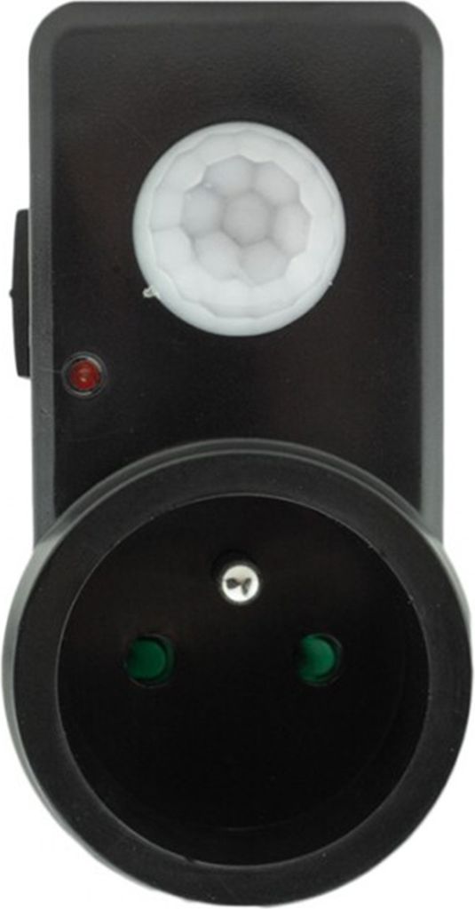 A black motion sensor plug adapter with a white PIR sensor and a standard European socket.