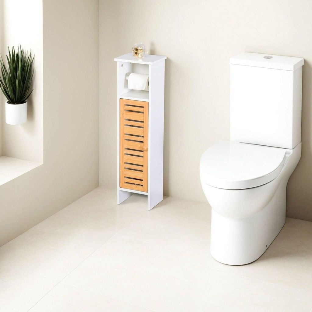 Toilettenpapierhalter-Schrank, 3 Ablagen, Bambustür