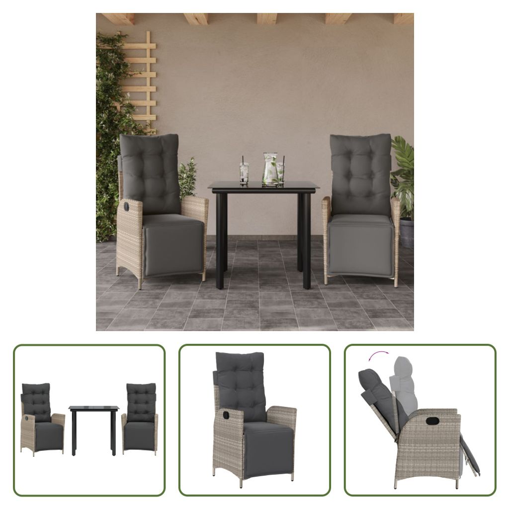 The Living Store 3-tlg. Garten-Essgruppe mit Kissen Hellgrau Poly Rattan