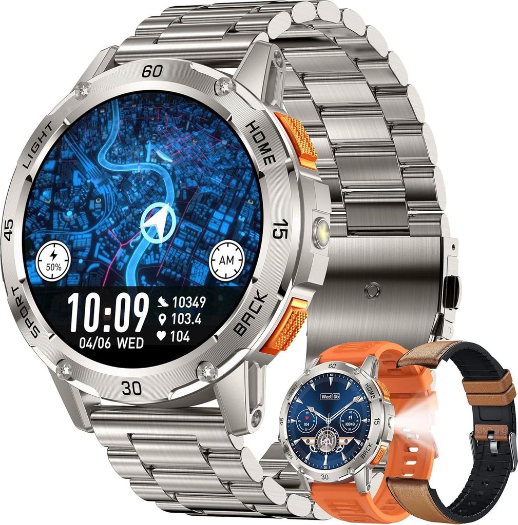 1.53'' AMOLED Smartwatch mit Telefonfunktion Fitnessuhr Herren Damen 100 Sportmodi Pulsmesser Schlafmonitor 5ATM wasserdicht 400mAh Akku Android iOs