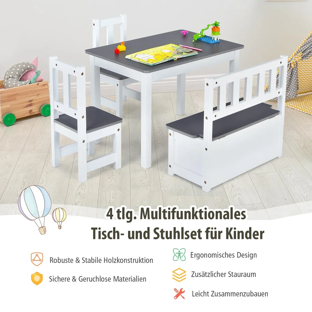 COSTWAY Set di sedute per bambini 4 pezzi in legno, tavolo per bambini sedie panca con spazio di archiviazione, set di sedute per bambini, set di tavoli per bambini, mobili per bambini set di sedute per bambini 70 x 48 x 50 cm(Grigio) - 5