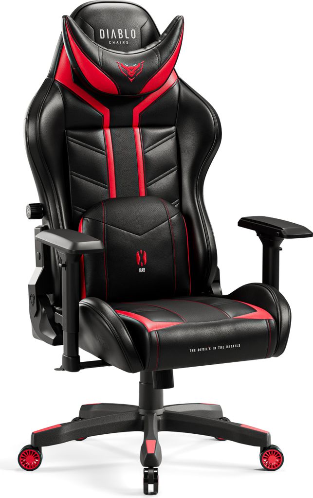 A black and red gaming chair is shown against a white background.