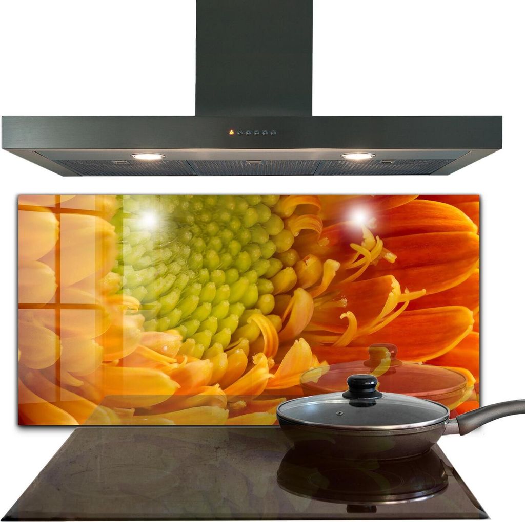 Spritzschutz aus Glas Küchenrückwand - Wandschutz für Herd und Spüle - 140x70 cm - Gerbera Blüte Orange