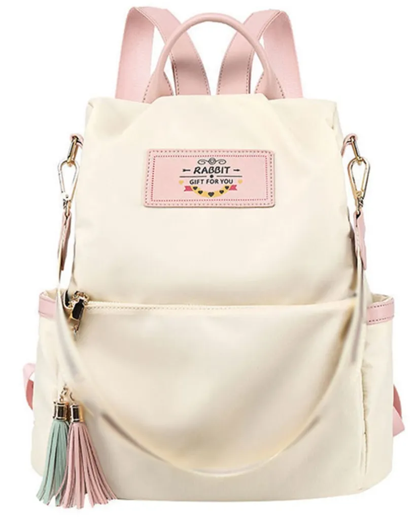 Zainetto Beige Donna Elegante: Zaino City Impermeabile con Pompon