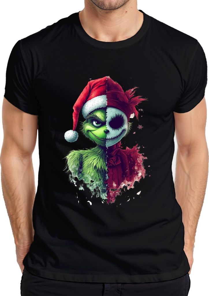 Grinch Jack Skellington Mashup Santa Hut Weihnachten Horror Geschenk Herren T-Shirt, Schwarz, M