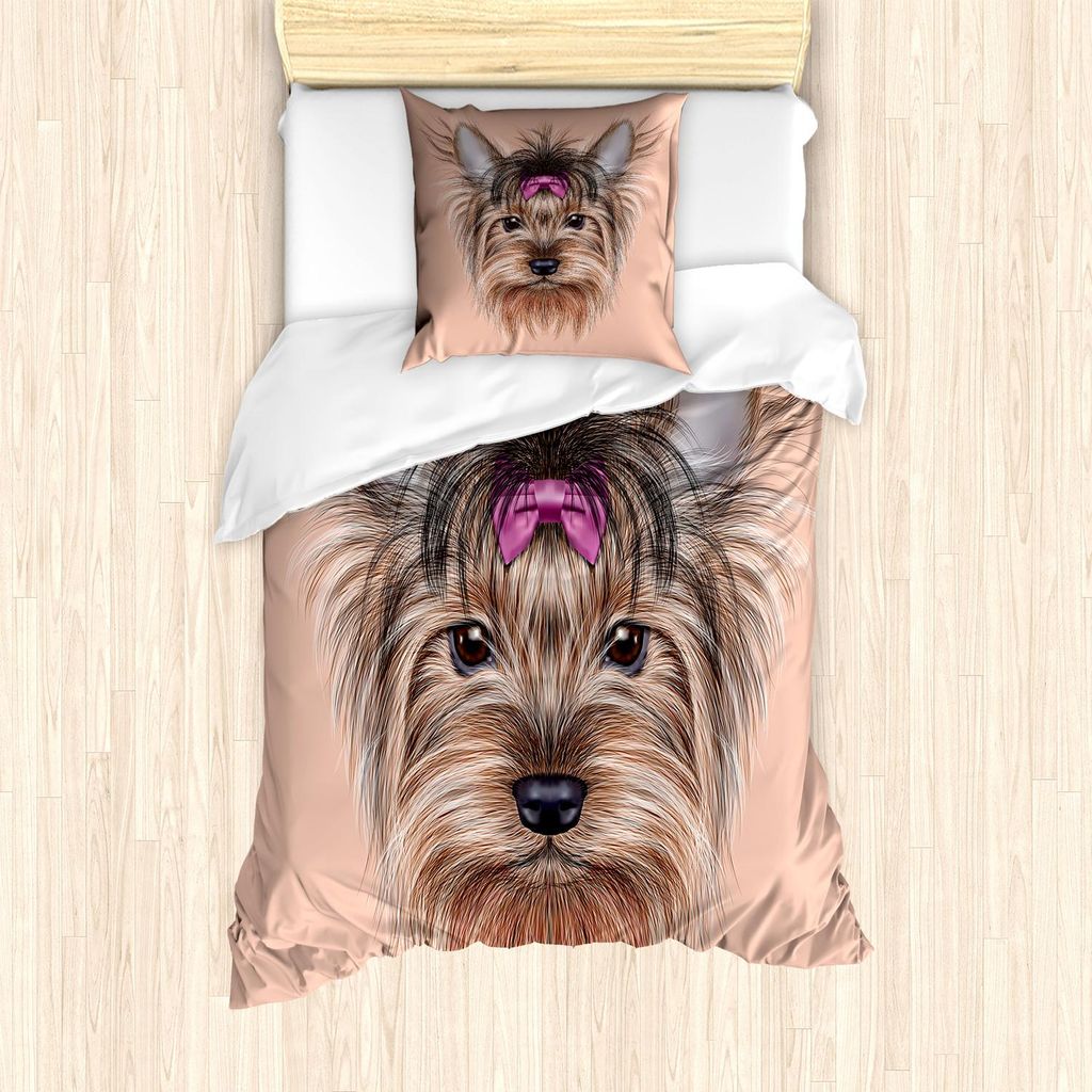 ABAKUHAUS Yorkie Bettbezug Set, Realistisches Computer-gezeichnetes Bild von Yorkshire Terrier mit nettem Band-Tier, 135 x 200 cm + 80 x 80 cm, Hel...