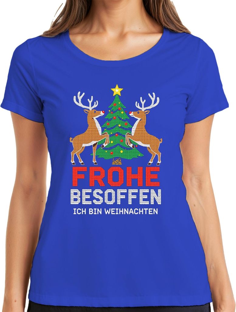 Frohe Besoffen Ich bin Weihnachten Lustig Rentier Strickoptik Damen T-Shirt, Blau, S