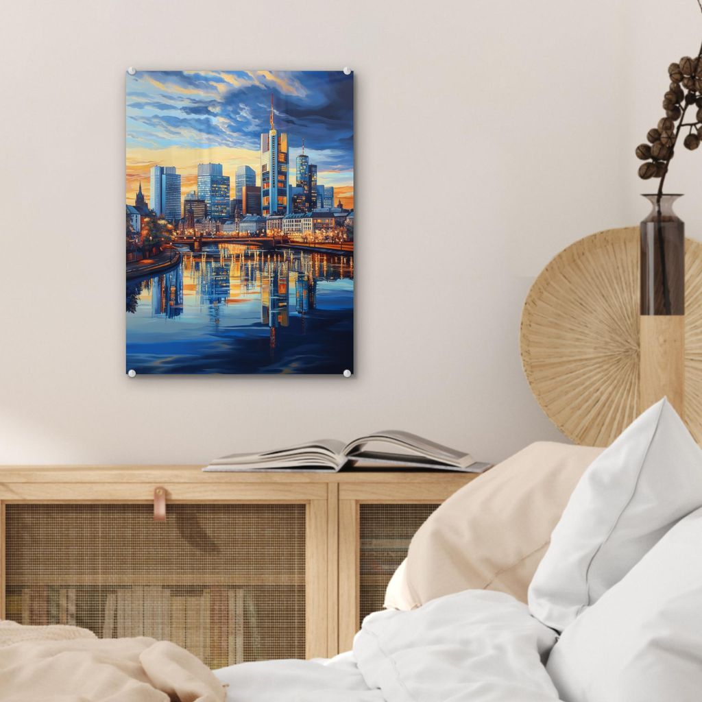 MuchoWow Glasbilder - Bilder auf Wandbild - Foto auf Glas Sonnenuntergang Frankfurt - Stadt - Skyline - Wasser 30x40 cm Wanddekoration aus Glas - A...