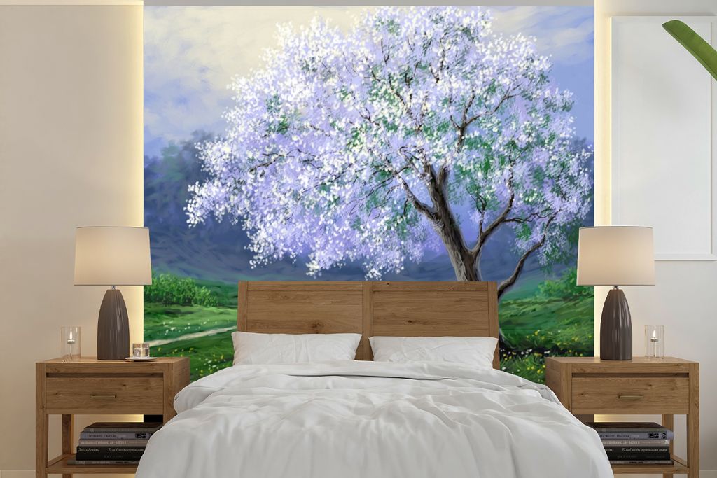 MuchoWow Fototapete für Wohnzimmer oder Schlafzimmer Wandtapete Vinyl Motivtapete Malerei - Baum - Blüte - Natur - Wasser - 300x300 cm - Wandde...