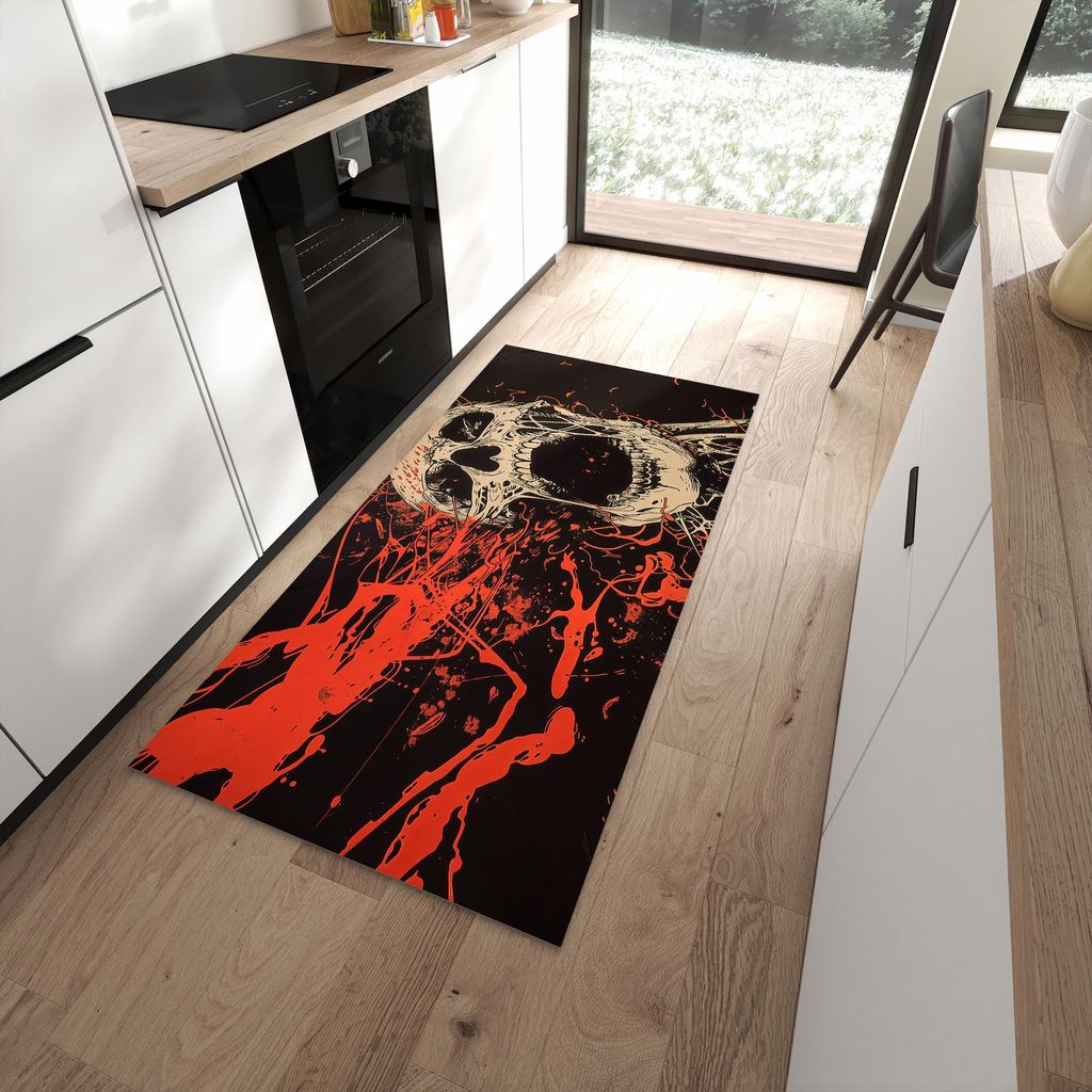 Küchenteppich 90x180cm rutschfest & abwischbar PVC Läufer - Schreiendes Schädel
