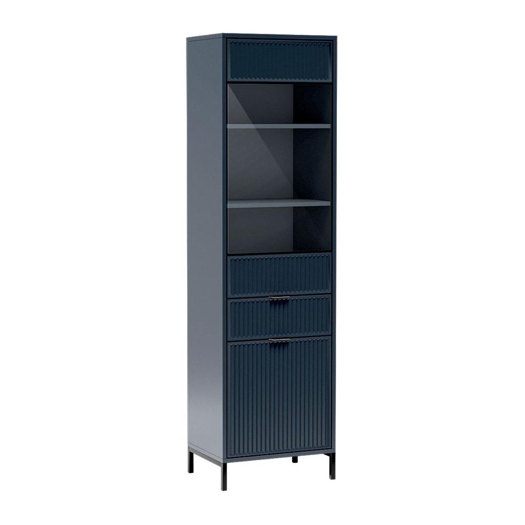 Vitrine LINNA LS-5 – Vitrine Geriffelte Fronten mit Glastüren und 1 Schublade, Farbe: Indigo