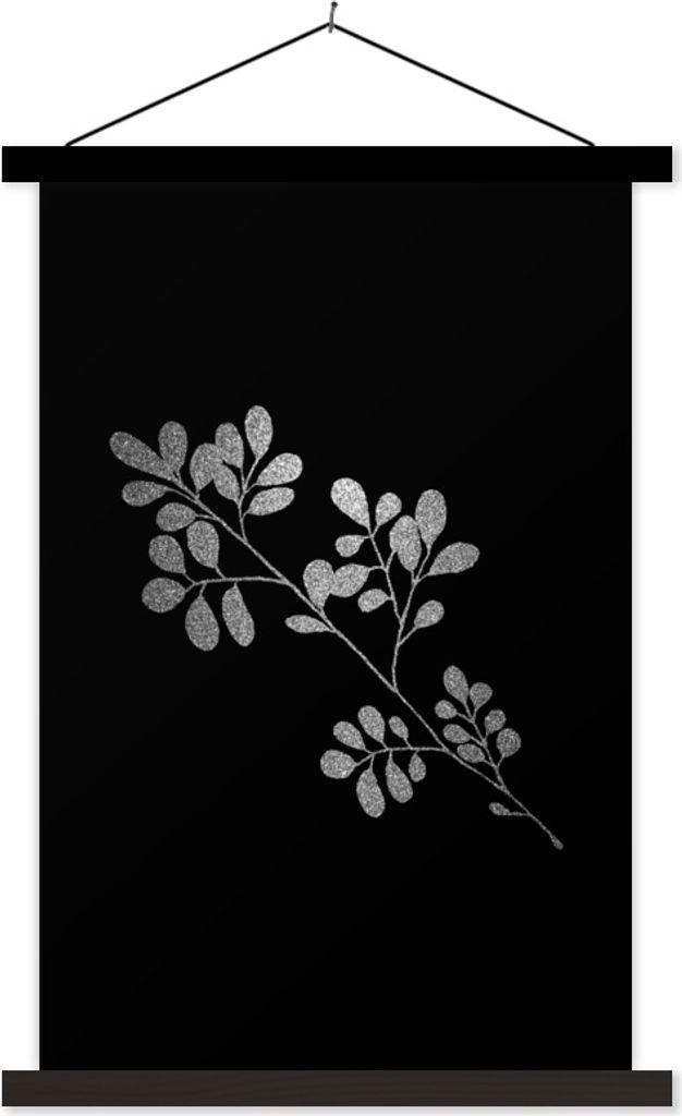 MuchoWow Textilposter Zweig mit ovalen Blättern auf schwarzem Hintergrund - schwarz und weiß 60x90 cm mit schwarzem Rahmen - Poster Wohnzimmer
