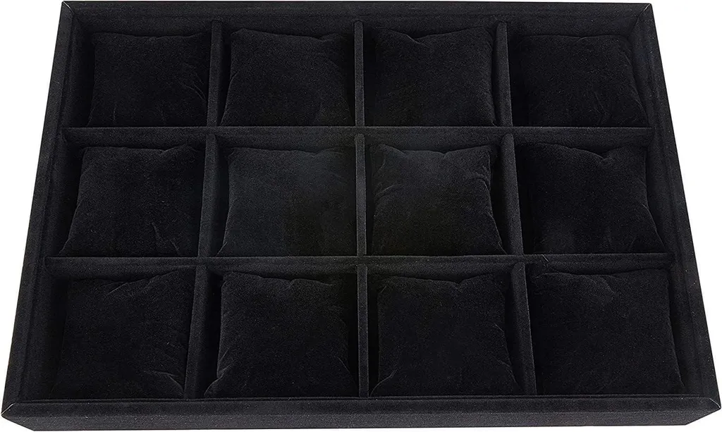 Plateau de présentation montres et bijoux en velours noir 12 slots