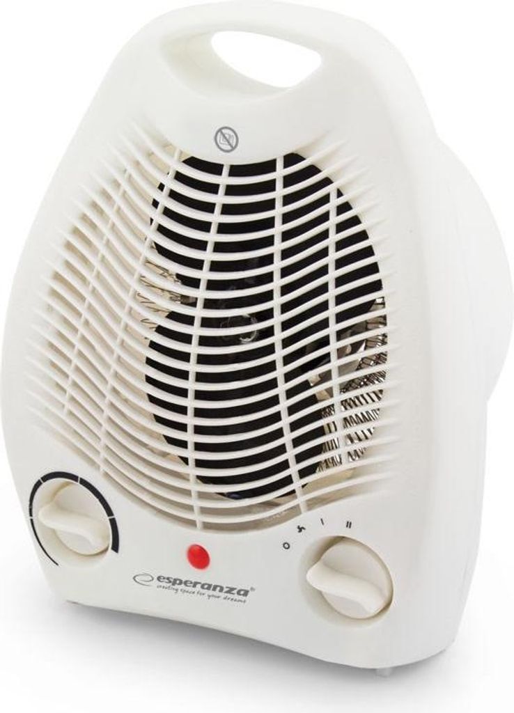 A white Esperanza brand electric fan heater is shown from the front on a white background.