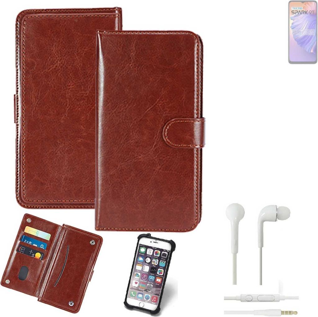 K-S-Trade 360° Hülle kompatibel mit Tecno Spark 9T inkl. Headphones braun Kunstleder Case BookCase WalletCase Kunstlederederhülle Handyhülle,