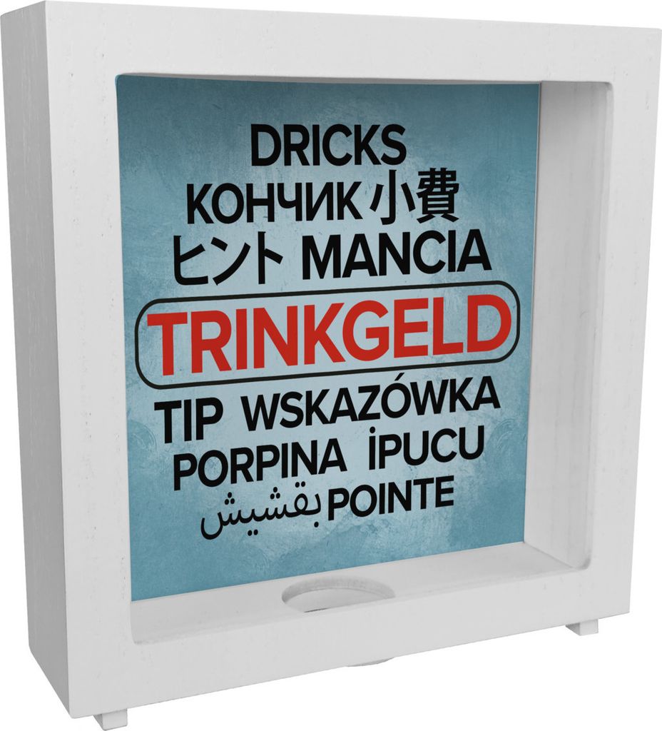 Trinkgeld in verschiedenen Sprachen Rahmen Spardose aus Holz in blau