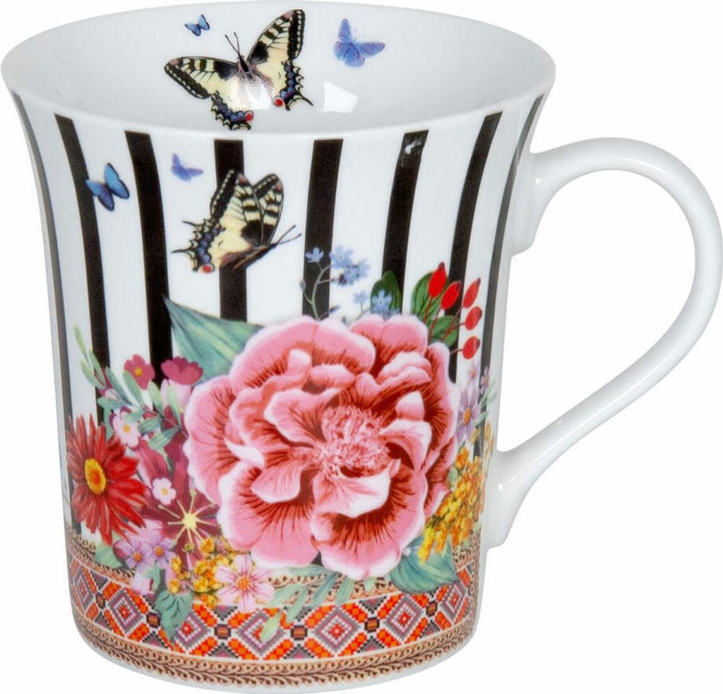 Könitz Viva la Vida Stripes Becher, Tasse, Kaffeetasse, Porzellan, Bunte Blumen, 410 ml, 11 1 100 2326