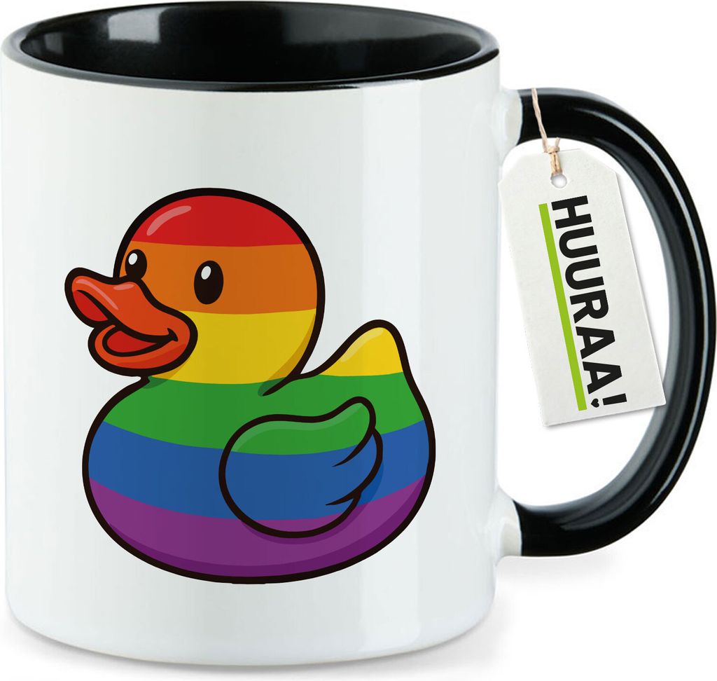Huuraa Kaffeetasse Quietscheente LGBTQ Pride Comic Gummiente 330ml Schwarz Keramik Kaffeebecher Geschenkidee