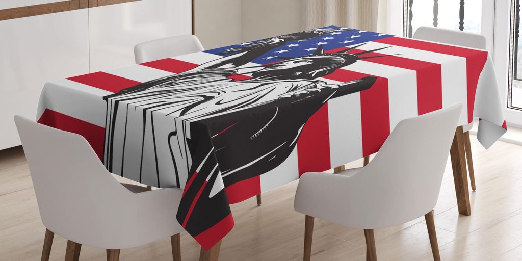 ABAKUHAUS Vierter Juli Tischdecke, Monochromatische Lady Liberty Grafik auf altem Ruhm Amerikanische Flagge, 140 x 200 cm, Vermilion und Dunkelblau
