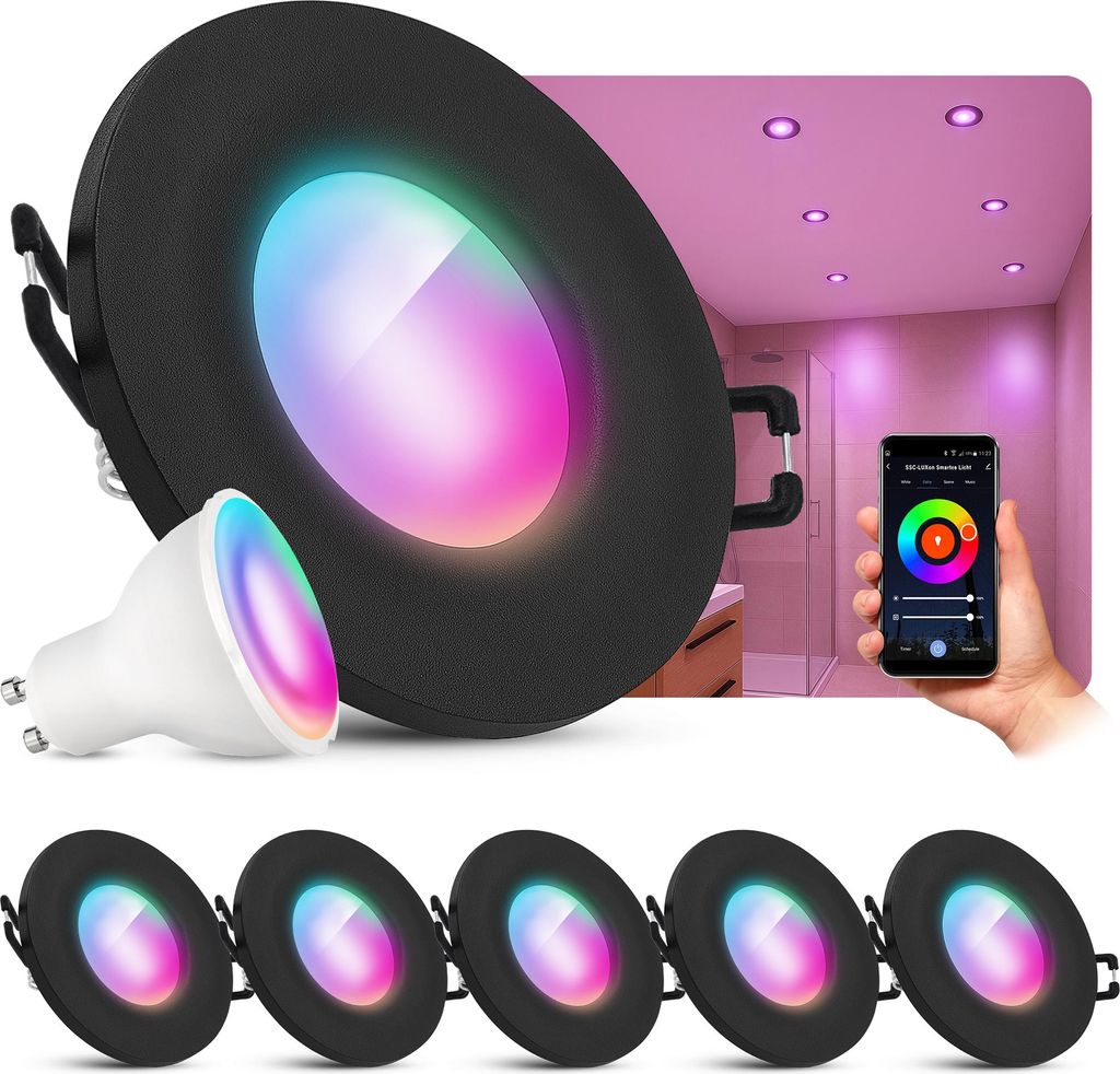 A collage of smart LED ceiling spotlights, including a single spotlight, a bulb, and a group of spotlights, with a smartphone displaying a color wheel and a bathroom scene with pink lighting.