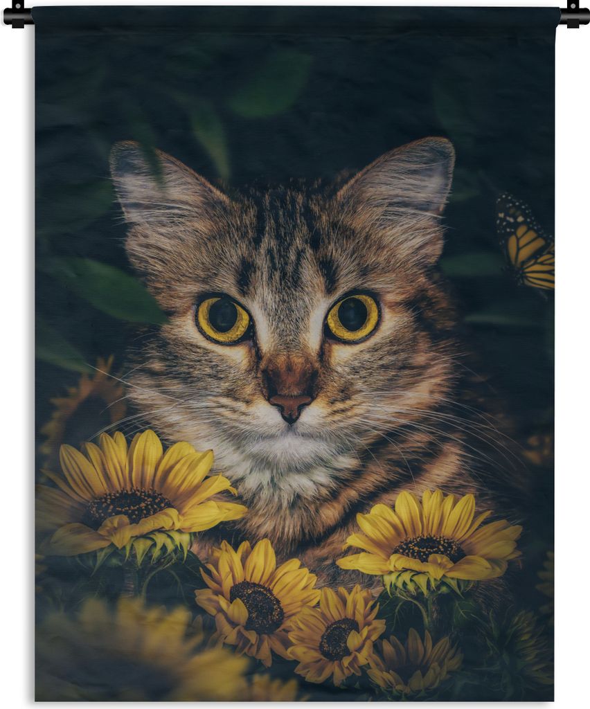 MuchoWow Wandteppich Wandbehang Katze - Gelb - Blumen - Botanisch 150x200 cm Tapisserie Dekoration Wandtuch - Wandaufhängung - Moderner