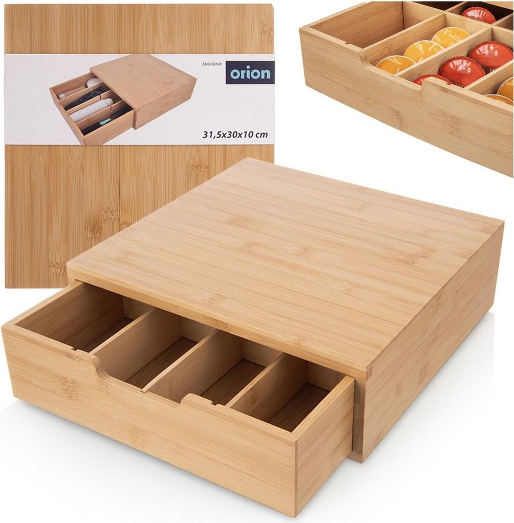 Orion | Kapselhalter - Aus Bambusholz - 31,5x30x10 cm - Mit Schublade und Fächern - Aufbewahrungsbox