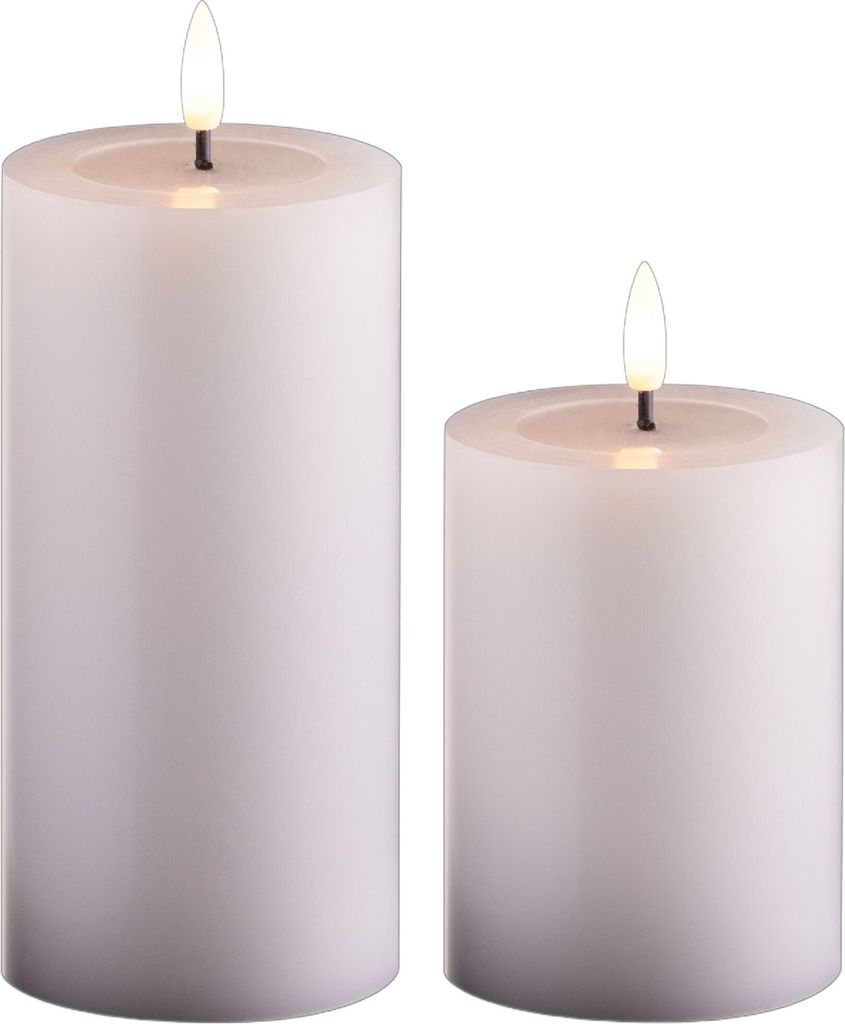 2er Set Led Kerzen flackernde Flamme mit Echtwachspiegel weiß 7,5cm ø 1x 15 cm, 1x10 cm Höhe, LED Kerzen mit Timerfunktion, 2 AA Batterien nöti...