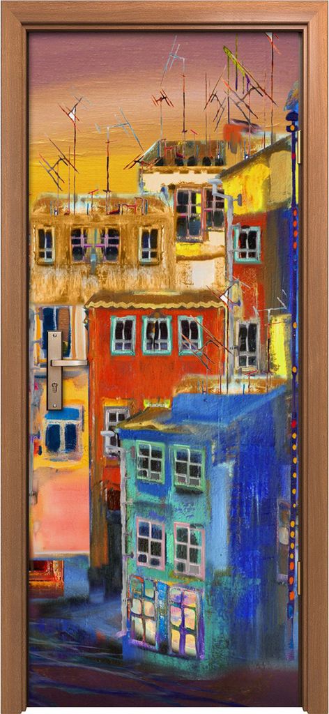 Türposter 80x200 cm Türaufkleber Türtapete Türfolie Klebefolie Malerei Stadt Häuser Straße