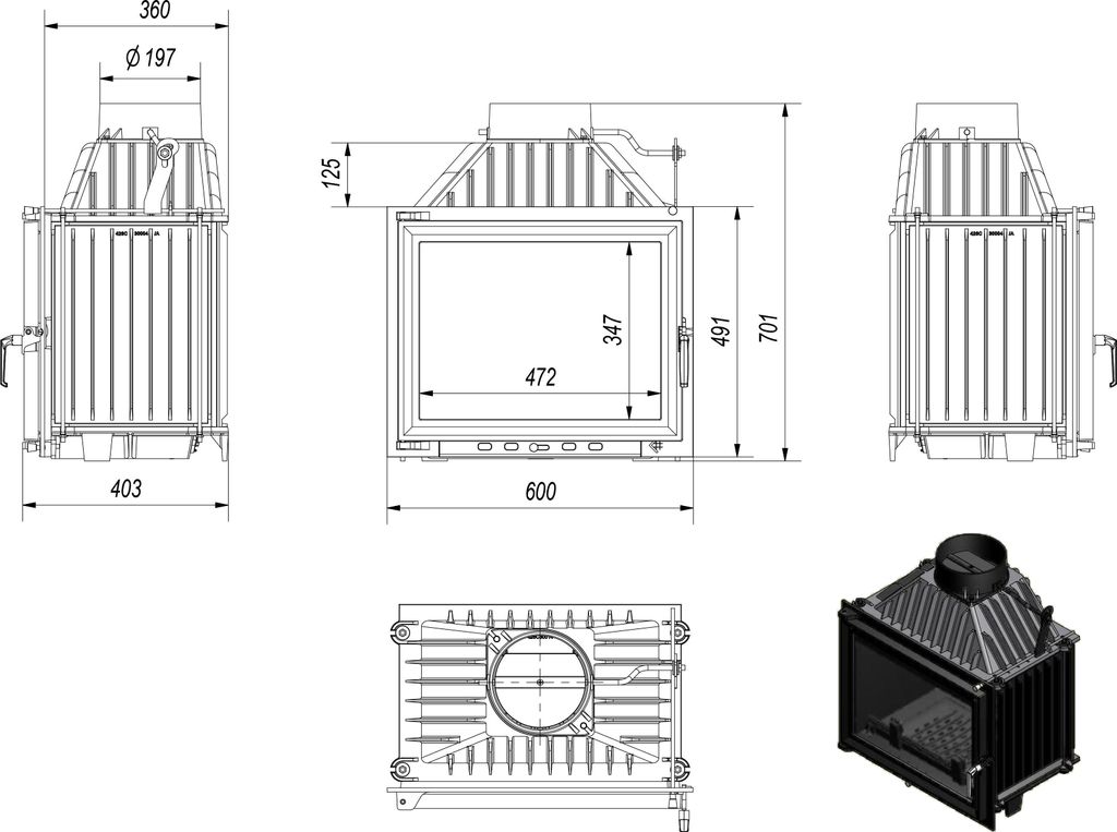 Technical drawings and a 3D render of a fireplace insert.