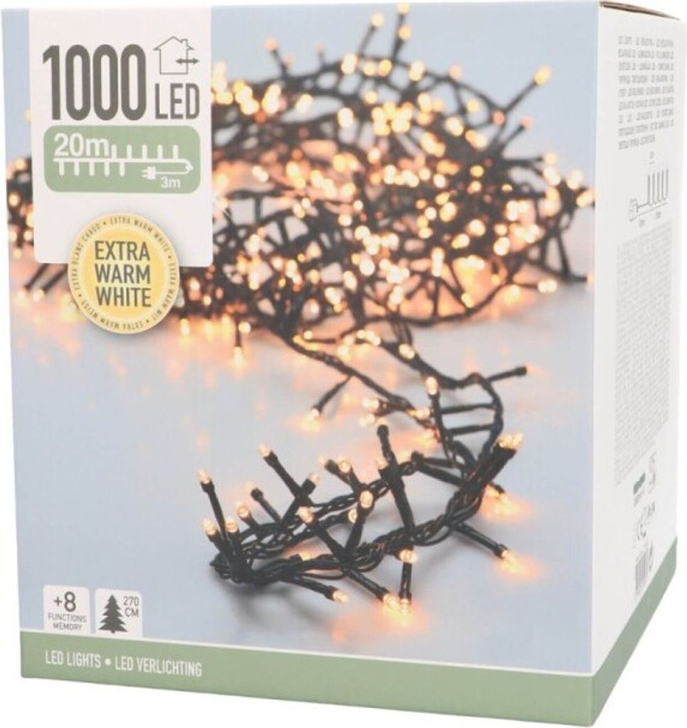The image shows the packaging of a string of LED lights, with the product itself partially visible.