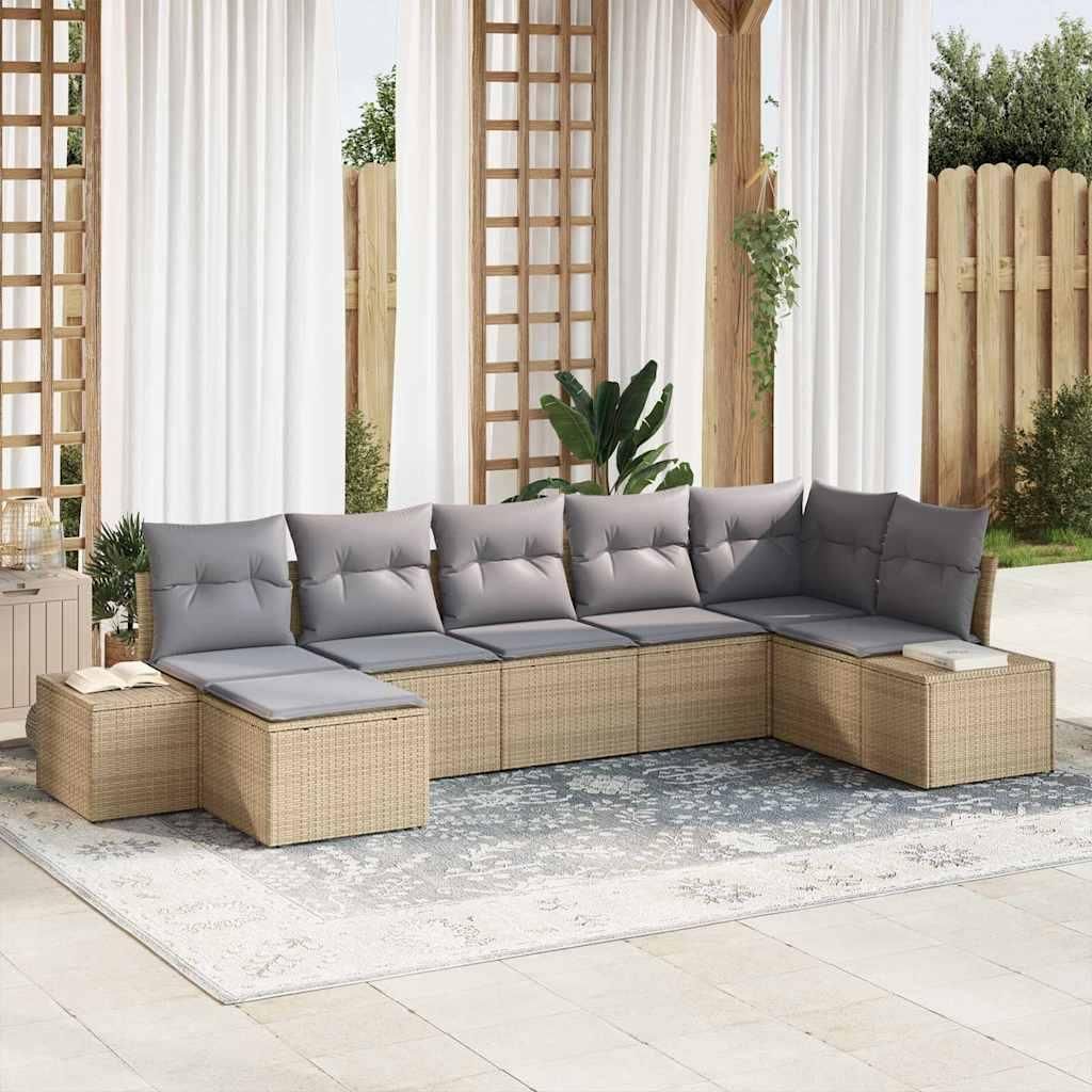 Möbel Garten-Sofa-Set mit Kissen mit Speicher 7 pcs Beige Poly Rattan - Gartenmöbelgarnituren 3355819
