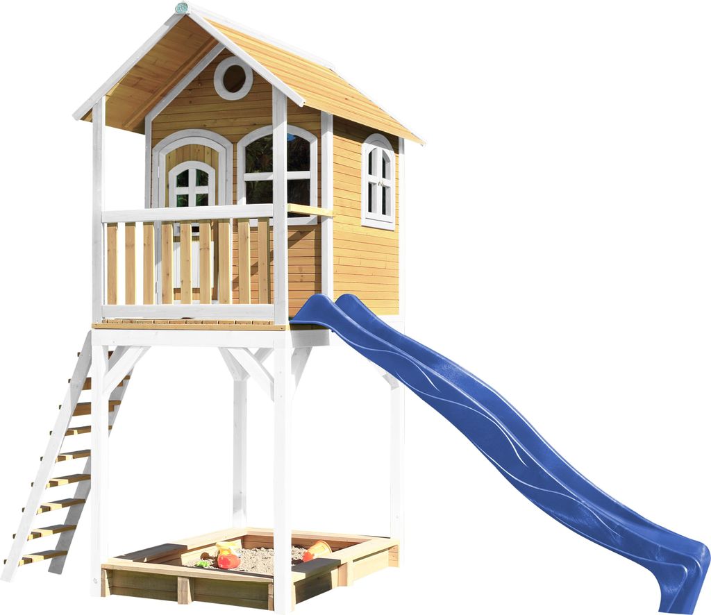 AXI Spielhaus Romy mit Sandkasten & blauer Rutsche | Stelzenhaus in Braun & Weiß aus Holz für Kinder | Spielturm für den Garten