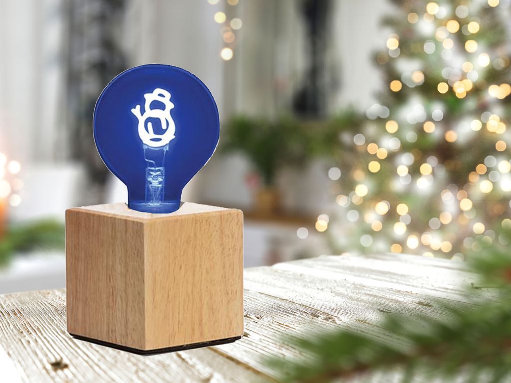 Kleine Tischlampe Würfel Holz Eiche 9x9cm mit Deko LED Glühbirne Schneemann Blau