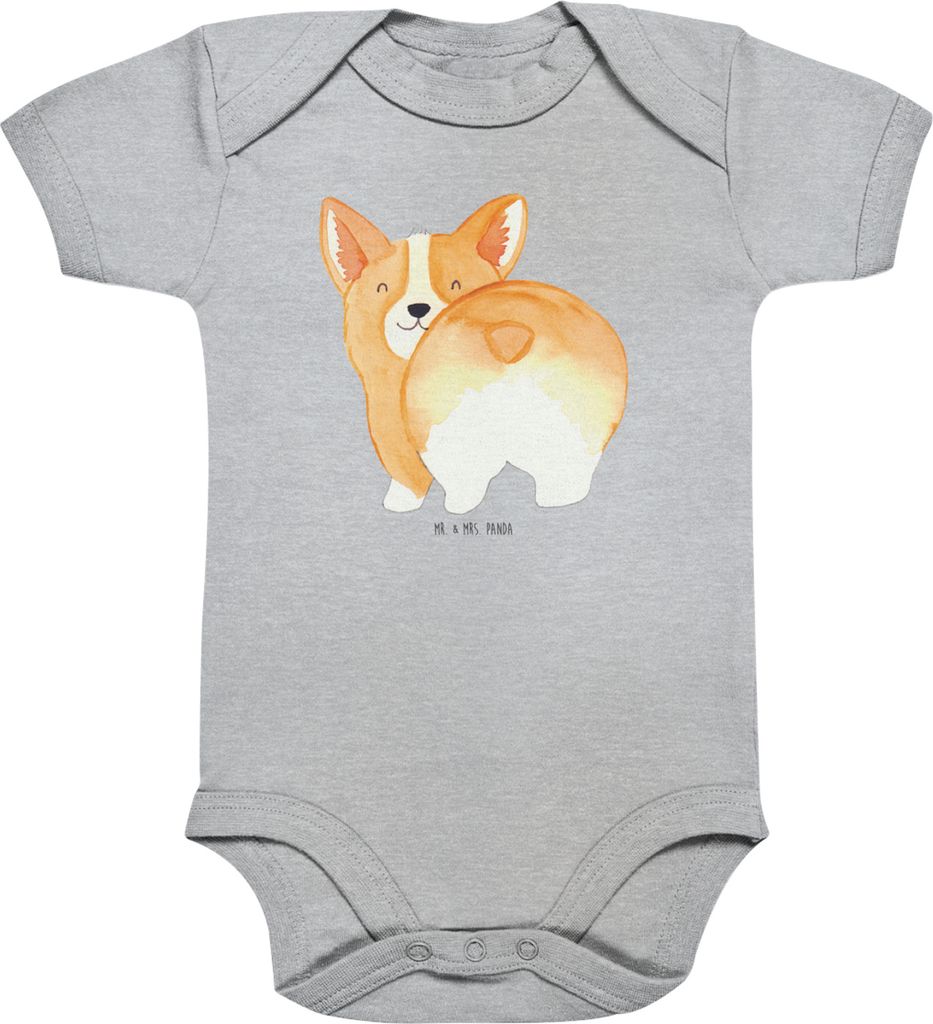 Mr. & Mrs. Panda Babystrampler Corgi Po 1. - 3. Monat - Heather Grey - Geschenk, baumwoll overall, Spruch, Hund, Einteiler, Sprüche, Corgie, Stram...