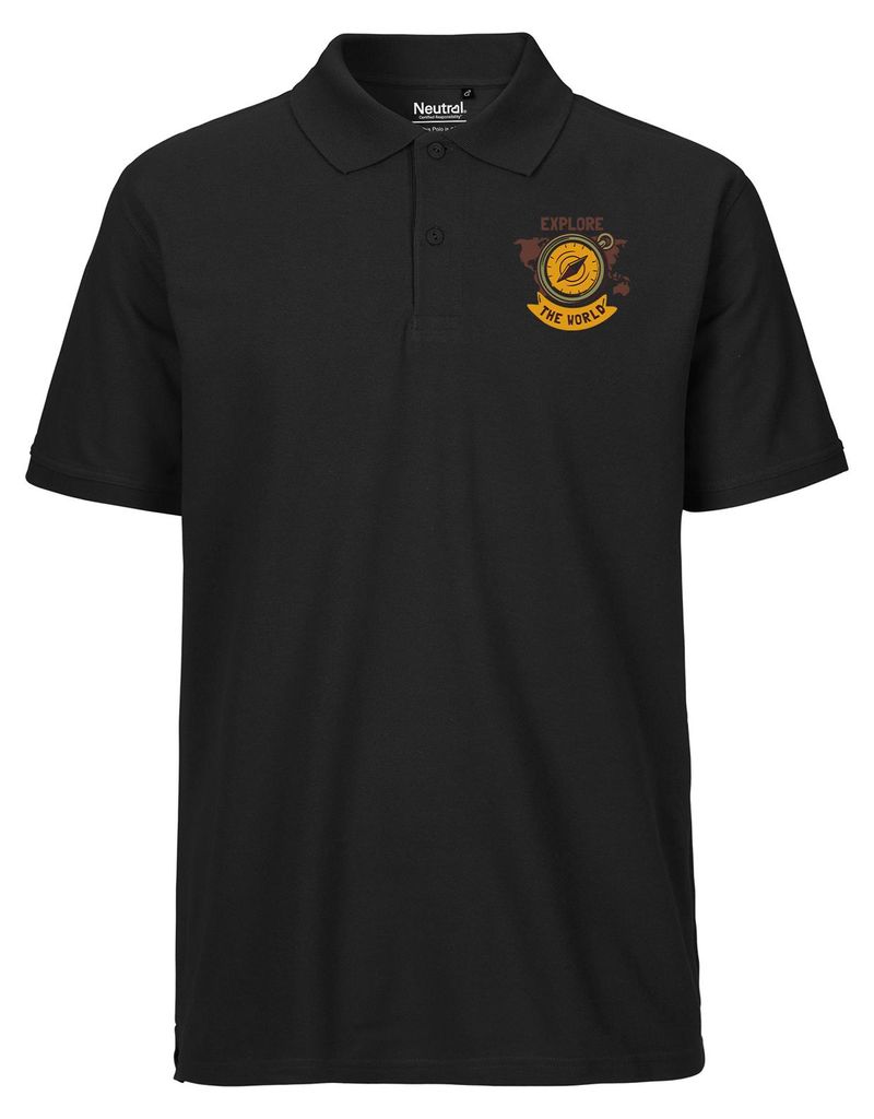 Huuraa Herren Polo Shirt Explore the world Kompass M Black Bio Baumwolle Fairtrade Poloshirt Geschenkidee