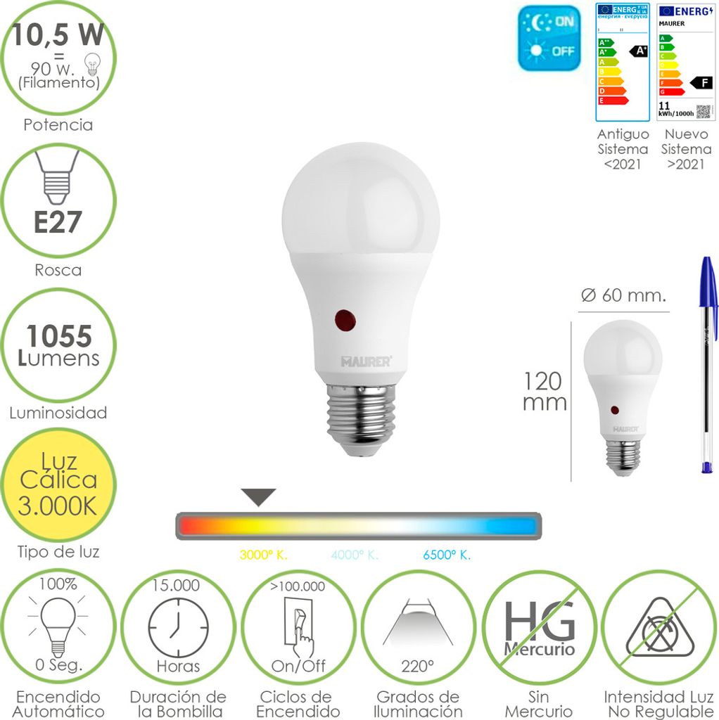 Sphere Led Glühbirne mit Dämmerungssensor. Gewinde E27. 10,5 Watt. Äquivalent zu 90 Watt. 1055 Lumen. Warmes Licht 3000o K.