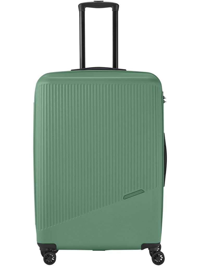 A green Travelite trolley bag is shown from the front against a white background.