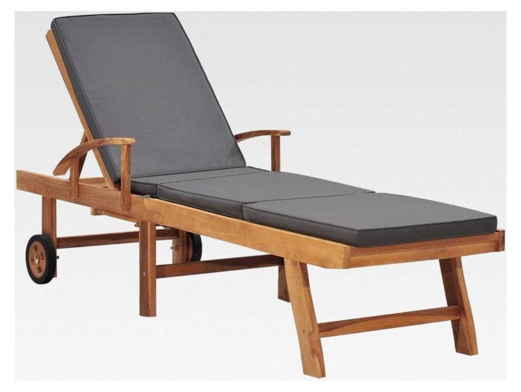 Teak Massiv Sonnenliege mit verstellbarer Auflage, Gartenliege aus Holz, Relaxliege, Liegestuhl, Strandliege, Gartenmöbel in Dunkelgrau