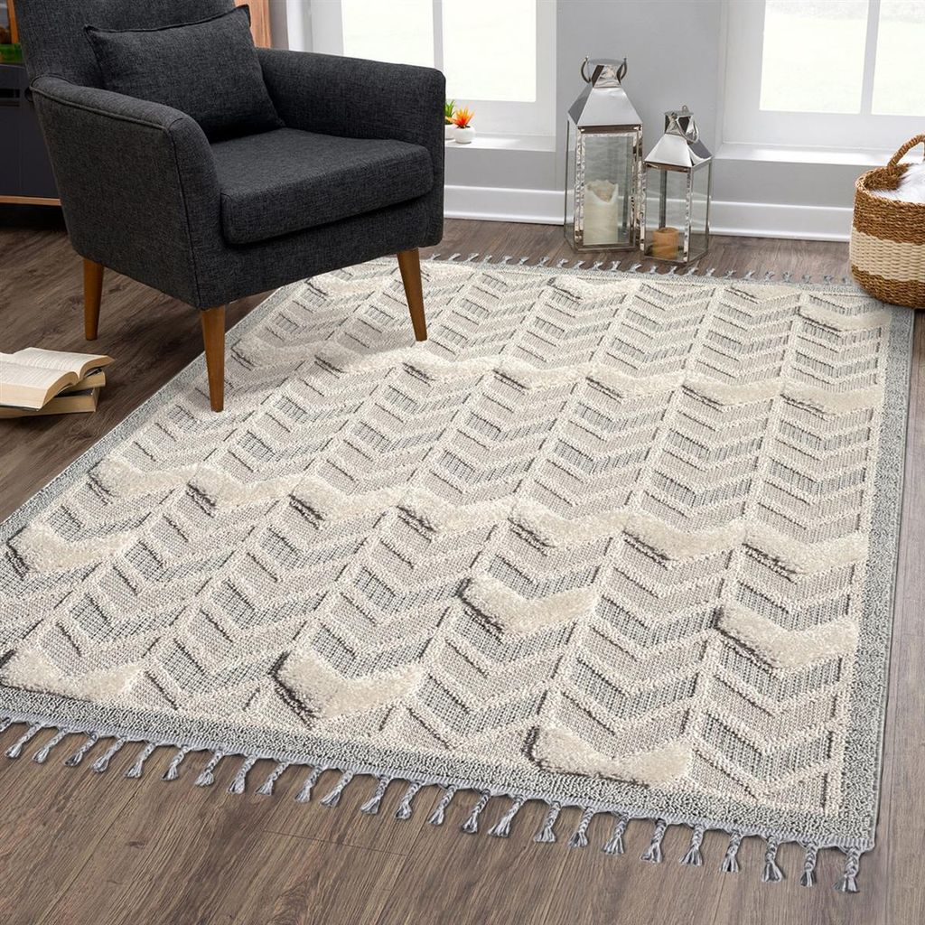 Teppich Boho Wohnzimmer - Creme, Graublau - 120x170 cm - Produktbild 