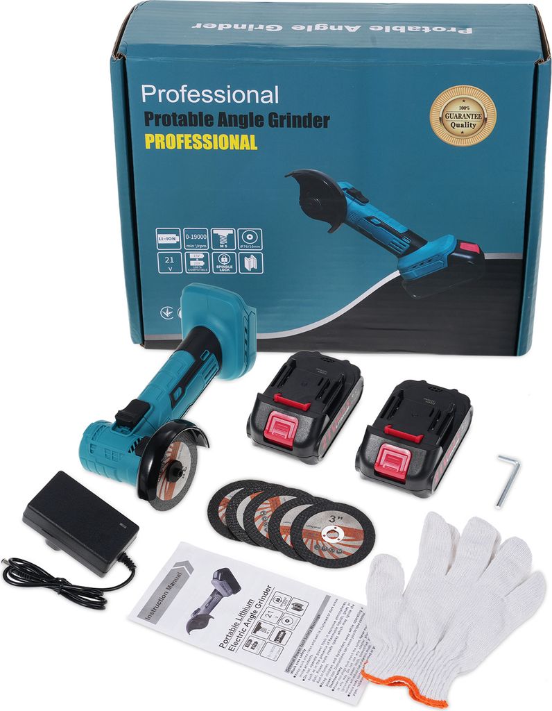 21V-Akku-Winkelschleifer-Set mit bürstenlosem Elektromotor mit 19.000 U/min, leistungsstarke Winkelschleifer-Werkzeuge mit 2 x 1300-mAh-Akkuladege...