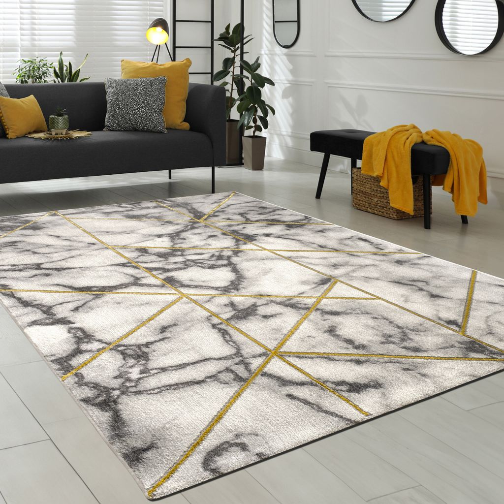 Wohnzimmer-Teppiche Grau Gold Weich Marmor Optik Kurzflor mit vers. Designs Grösse 120x170 cm