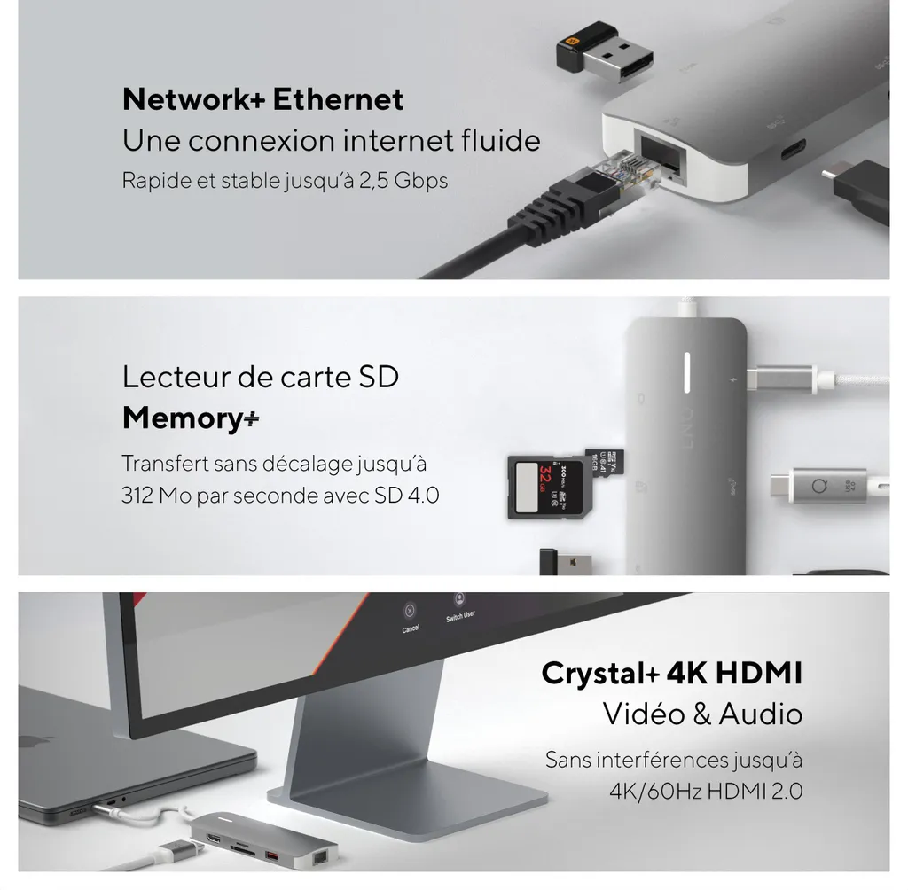 Hub Multiport 8-en-1 LINQ Connects Pro-C HDMI 4K et Ethernet 10Gbps