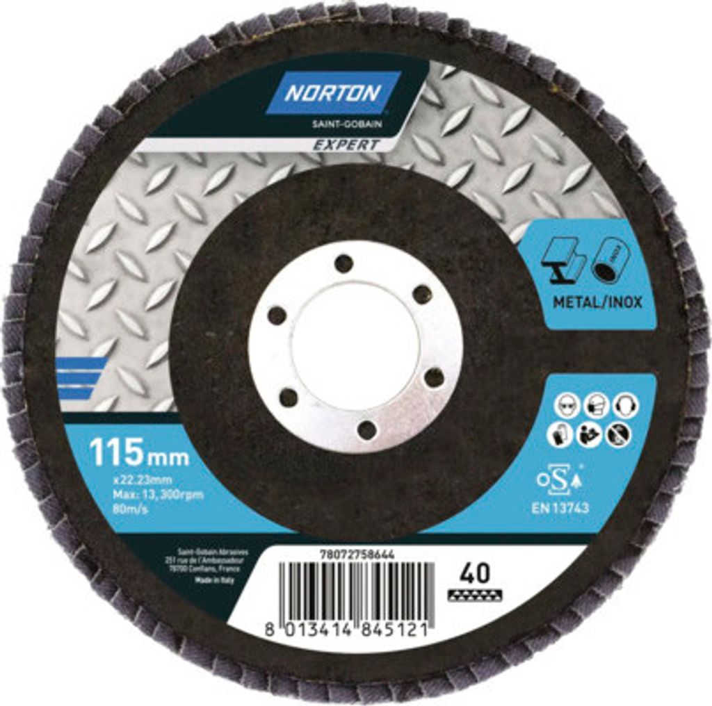 Expert Fächerschleifscheibe Norton Metal/Inox Ø 115x22,23 mm Korn 40, 10 Stück